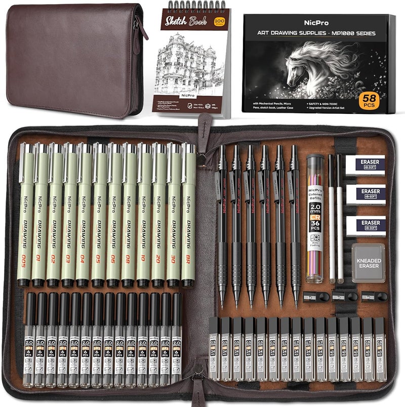 Nicpro 58PCS Art Drawing Supplies Kit in Leather Case, MP1000 Black Metal Mechanical Pencil Set with Drafting Pencil 0.5, 0.7, 0.9 & 2mm, 12 Micron Pen, Sketch Book, 30 Tube Lead Refills for Sketching - Image 1